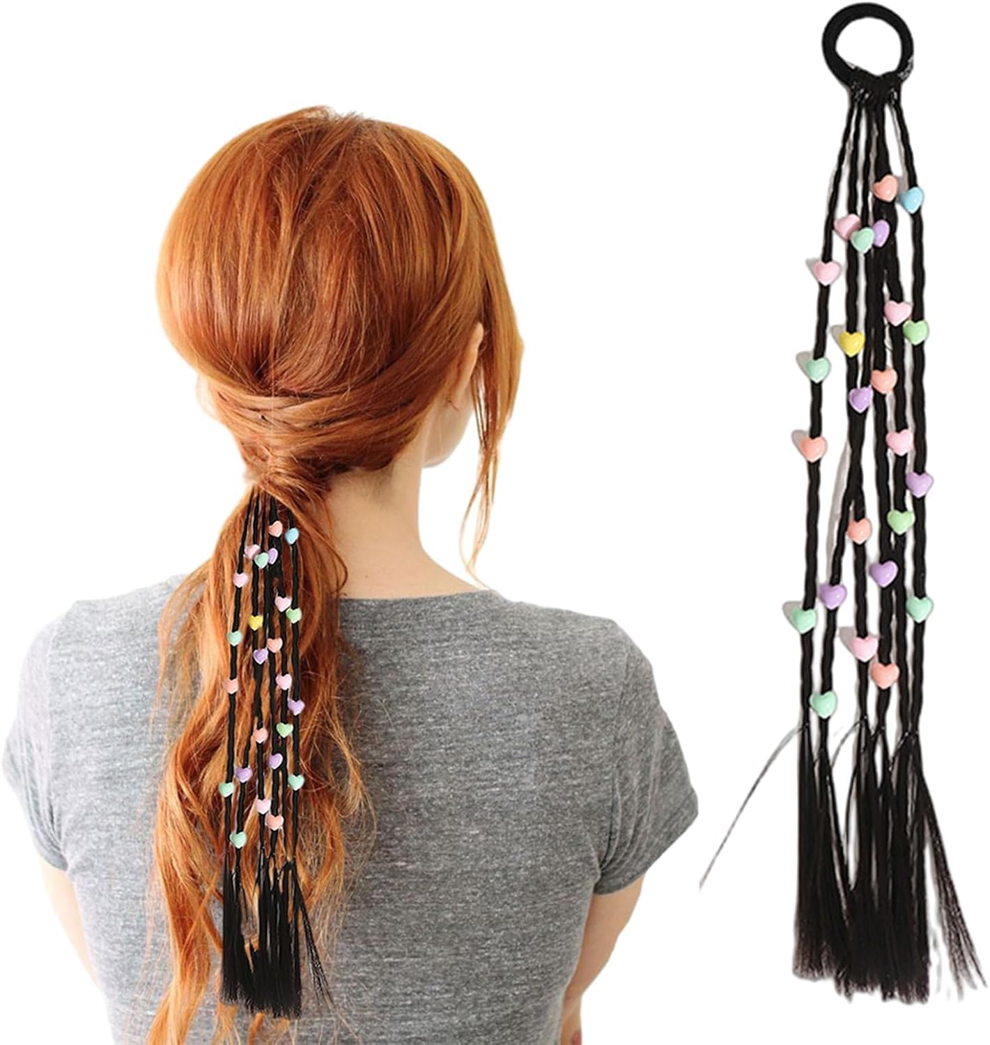 El Regalo 2PCs Cute Beaded Ponytail Hair Extensions Rubber Band- Stars & Hearts Beaded Braid Hairpieces for High Ponytail for Kids/Teen Girls/Women