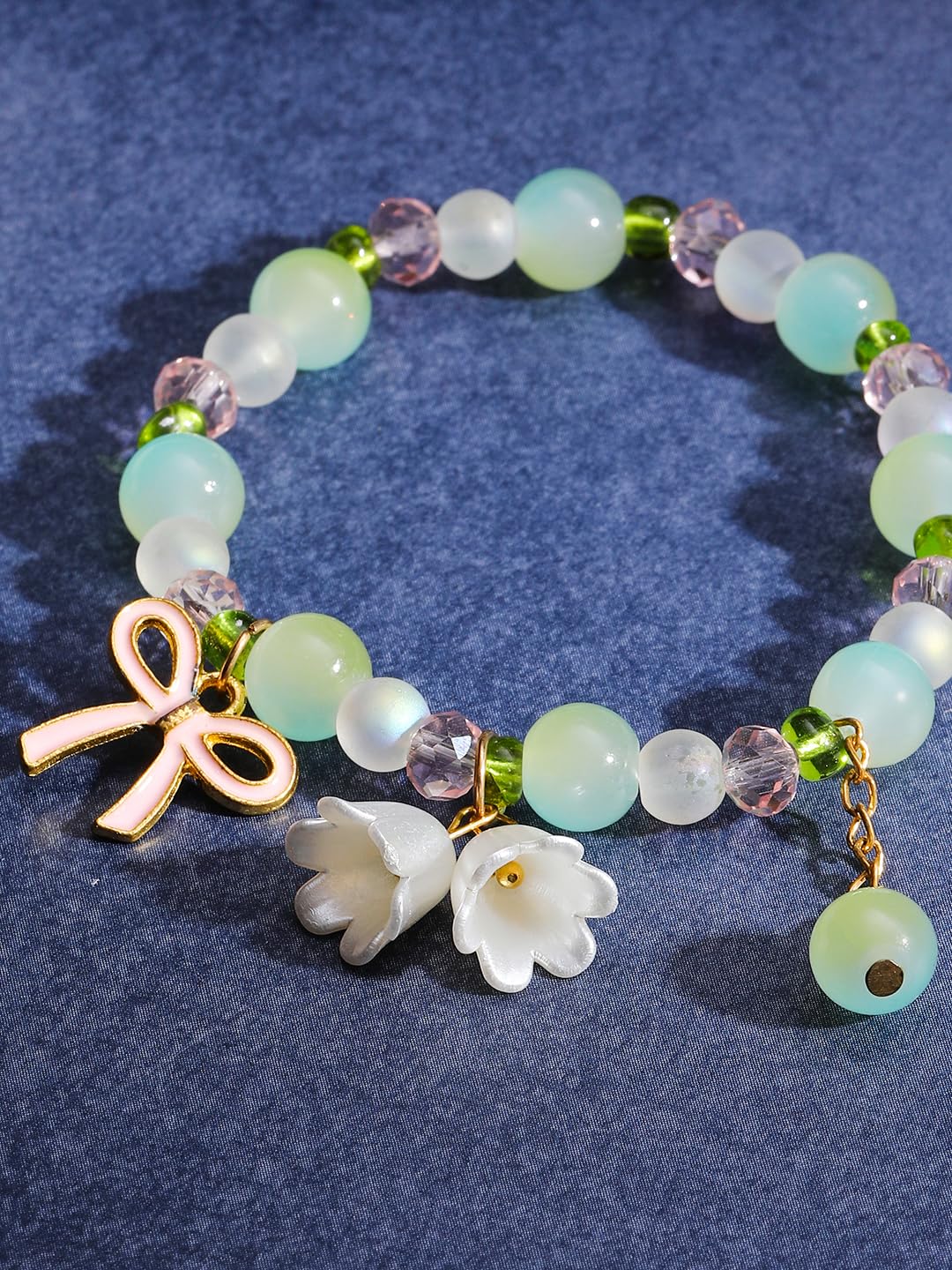 El Regalo Exquisite Lily Flower & Blow Glass Beads Bracelet - Cute Lily Of The Valley Flower Beaded Bracelet, Transparent Gradient Beaded Bow Bracelet For Teen Girls (Gradient Green)
