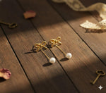 El Regalo Elegant 18K Gold Plated Stainless Steel Drop Earrings for Women & Girls | Tarnish-Free, Waterproof, Hypoallergenic Statement Fancy Western Earring Collection | Variations: Bow, Moon & Star, Starfish, Knot | For Office, Party & Gifting (Pearl Bow