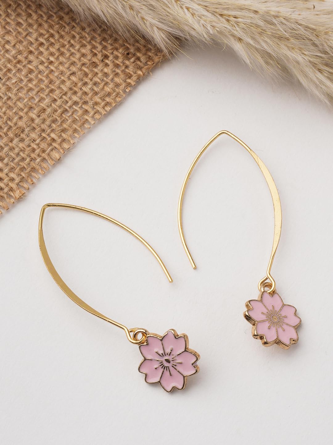 El Regalo 2 Pairs Beautiful Enamel Flowers Long Hook Earrings for Women/Girls - Cute Floral Charms Western Danglers (Pink & Black Flower)