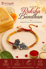 El Regalo 1PC Rudraksha Trident Rakhi for Brother with Roli Chawal, Message Card in Gift Box- OM, Trishul, Damru Rudraksha Rakhi for Bhai/Brother (OM)