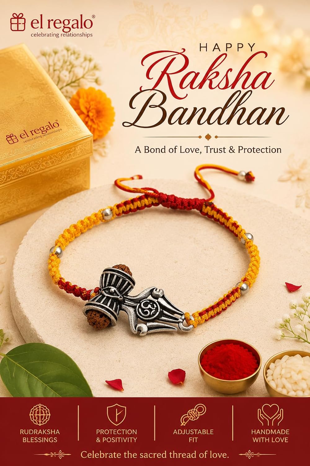 El Regalo 1PC Rudraksha Trident Rakhi for Brother with Roli Chawal, Message Card in Gift Box- OM, Trishul, Damru Rudraksha Rakhi for Bhai/Brother (OM)
