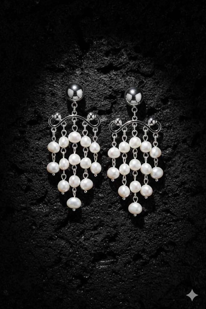 El Regalo Contemporary Silver-Tone Earrings with Cascading Pearls - Modern Pearls Tassel Drop Earrings for Women & Girls