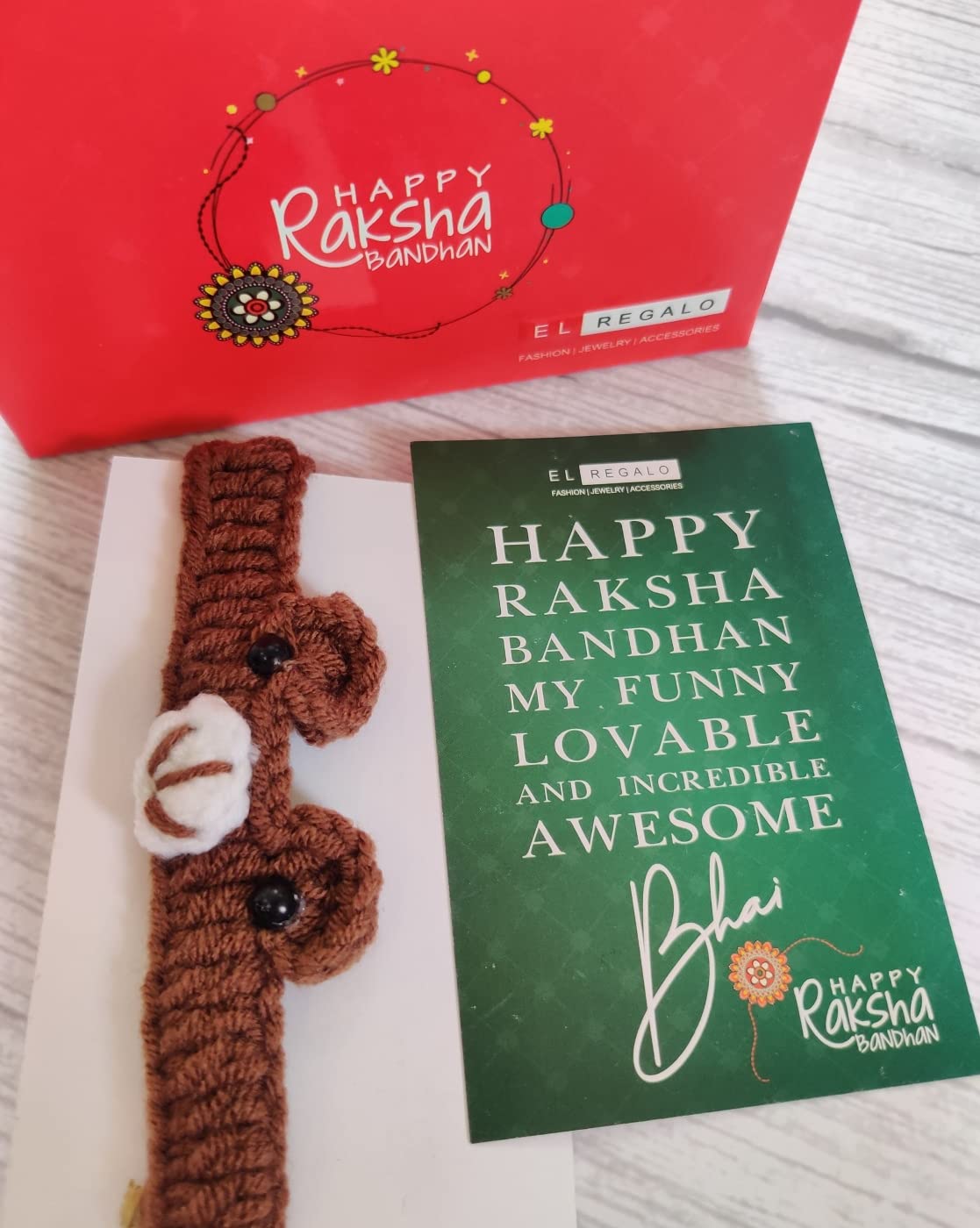El Regalo Knitted Bracelet Rakhi for Baby - Unisex color and style - Rakshabandhan Adjustable Rakhi Combo with Greeting Card and Shagun. Brown Bear