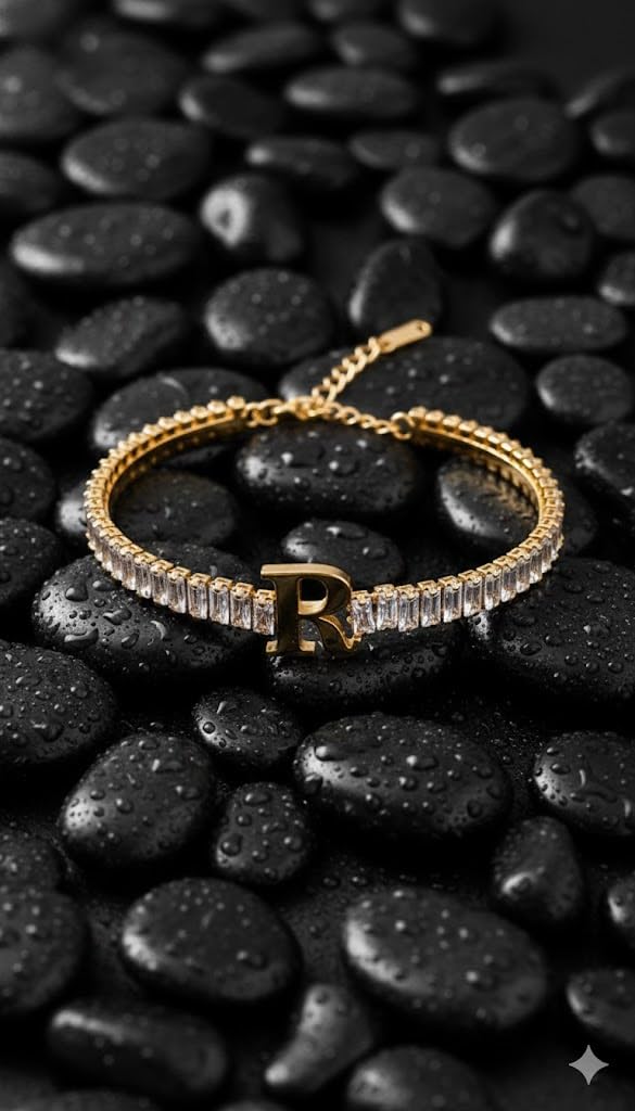 El Regalo Personalized Initial Letter Bracelet for Women | Gold Finish Tennis Bracelet with Alphabet Charm | Adjustable Stainless Steel Zircon Bracelet | Anti Tarnish Jewelry (R Letter)