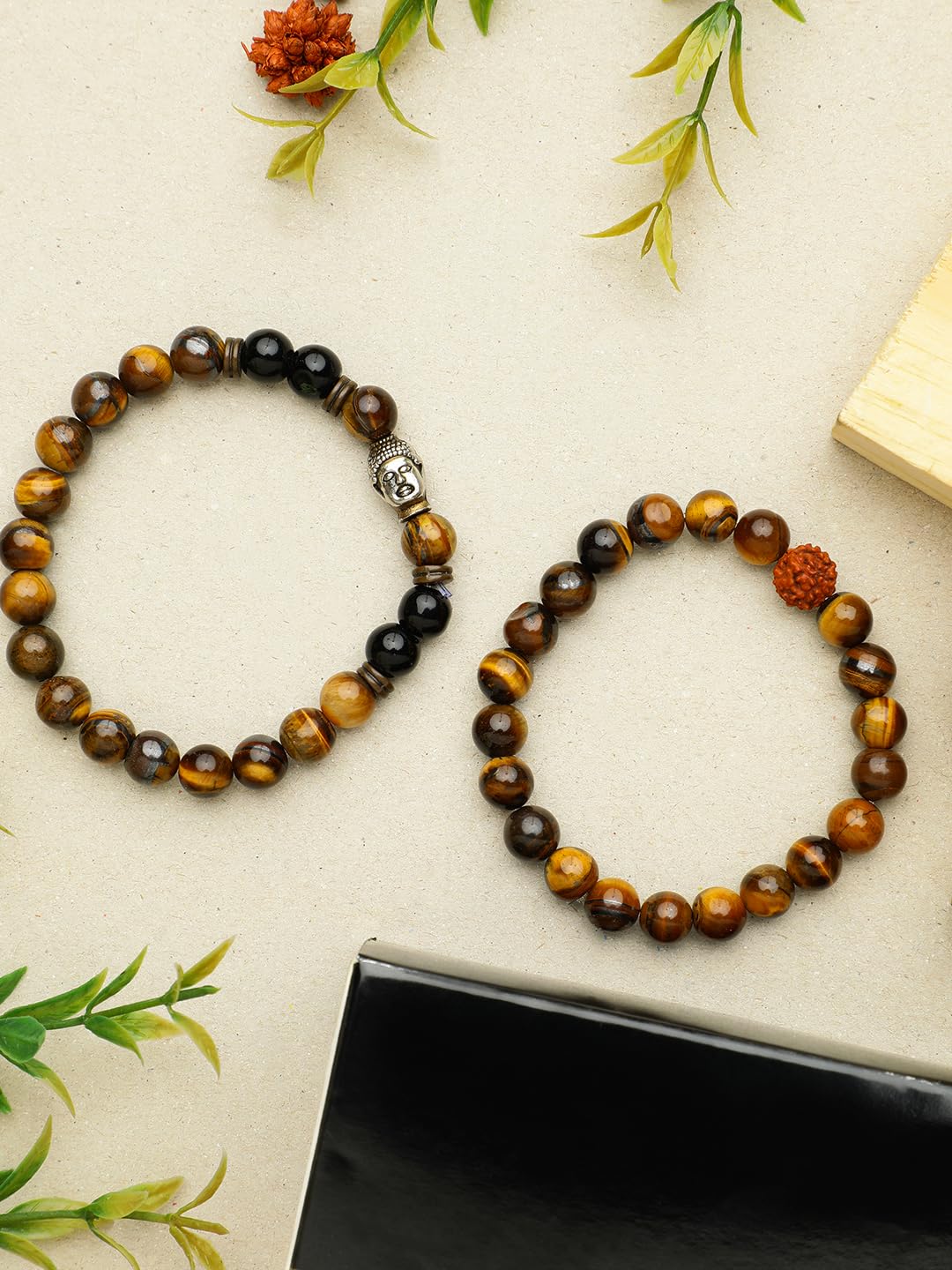 El Regalo 2 PCs Natural Tiger Eye Beads Stretch Unisex Bracelet for Men & Women with Hamsa Hand, Rudraksha, Elephant & Budhdha Charms (Rudraksha & Budhdha)