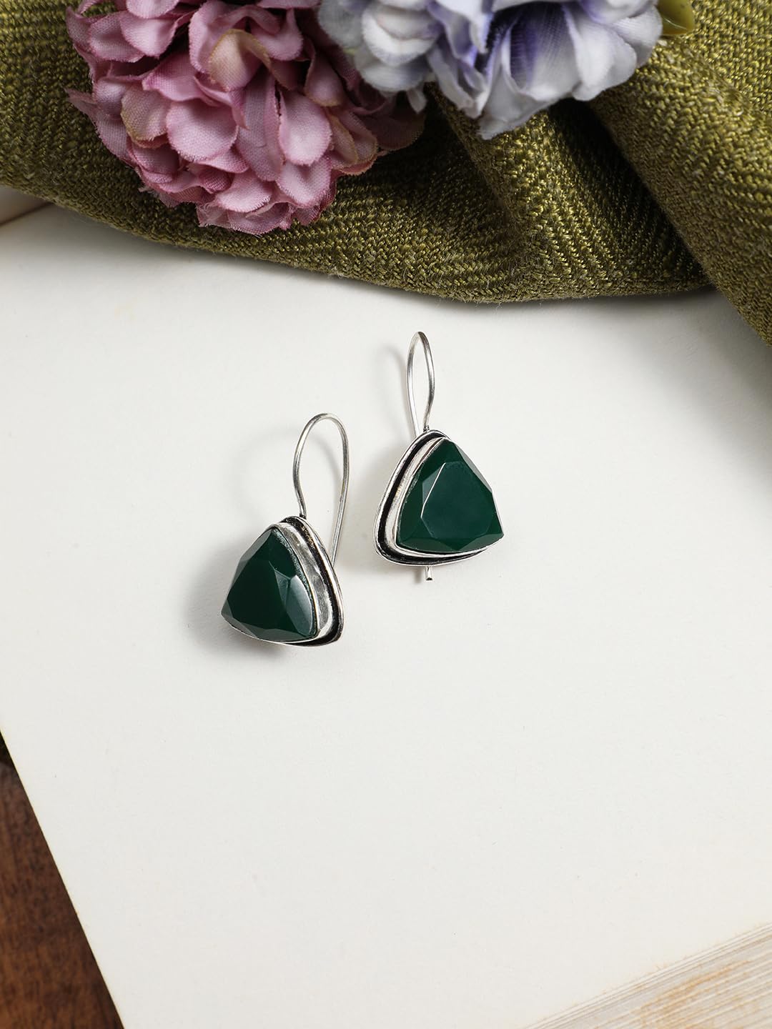 El Regalo 925 Silver Plated Hook Earrings for Women- Elegant Cushion Pyramid Half Bezel Stones (Green)