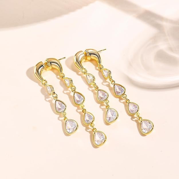 El Regalo 14K Gold Plated Crystal Drop Dangle Earrings for Women - Dainty Front Back Statement Earrings - Hypoallergenic Cubic Zirconia Tear Drop Long Dangly Earrings for Weddings, Parties, and Gifts