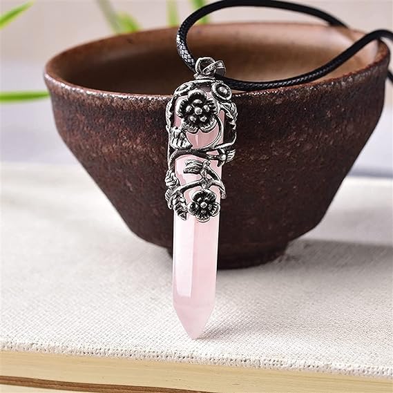 El Regalo 1PC Flower Wrapped Hexagonal Healing Natural Stones Point Pendant Unisex Necklace- Natural Stones Reiki Healing Crystals Necklace in Antique Silver Finish (Pink-Rose Quartz-Cord)