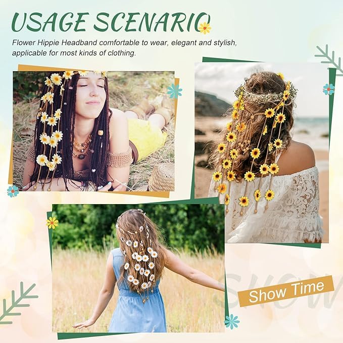El Regalo Flower Hippie Headband Floral Crown Summer Sunflower Headband for Girls & Women - Wedding Party Hair Accessories (Yellow, One Size)