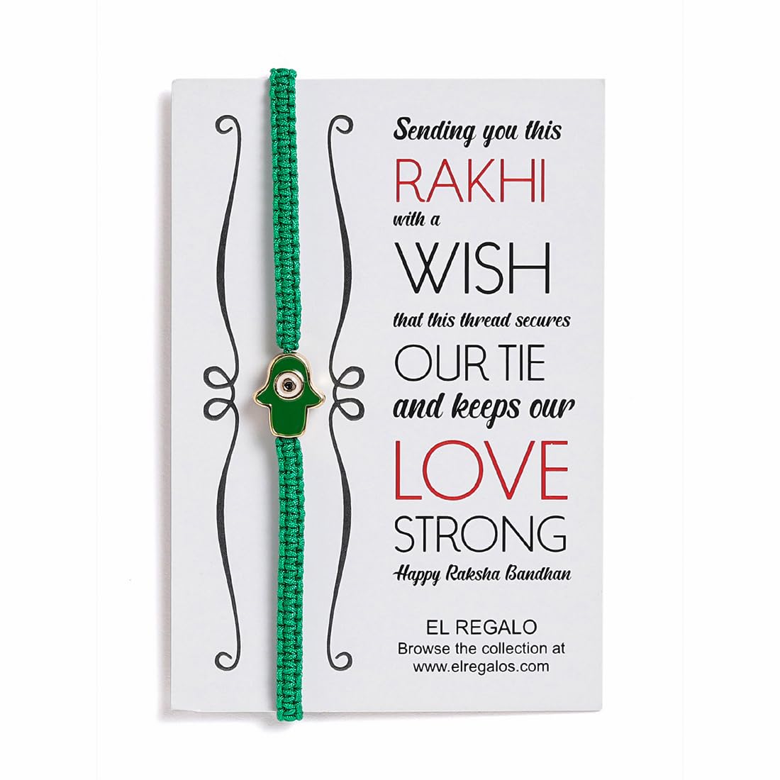 El Regalo 1 PC Hamsa Hand Evil Eye Nazaria Rakhi for Brother- Fancy Evil Eye Rakhi Gift Box with 1 PC Rakhi, Shagun Pack & Rakhi Message Card in Rakhi Gift Box (Green Hamsa Rakhi)