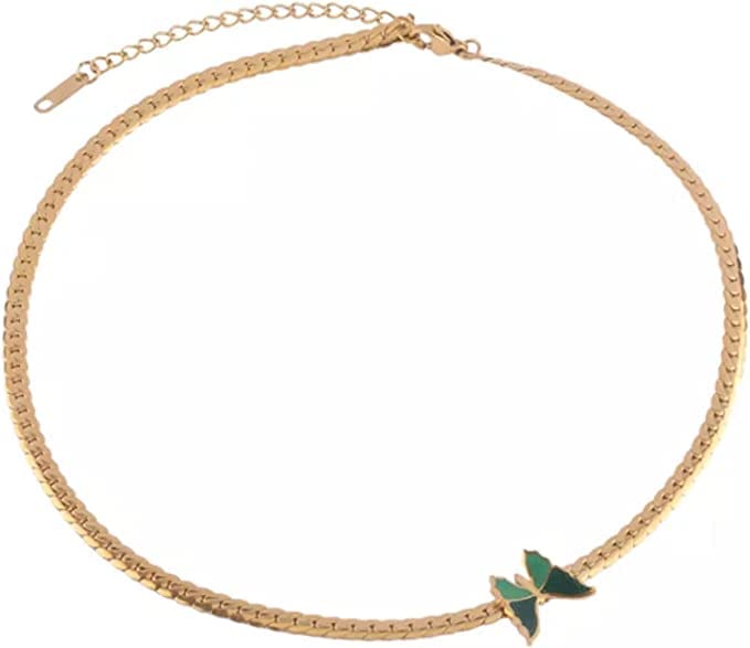 El Regalo 18K Gold Waterproof Vintage Green Enamel Butterfly Choker Cuban Chain Necklace- Stainless Steel NO RUST/ANTI TARNISH Butterfly Flat Snake Chain Necklace for Girls & Women