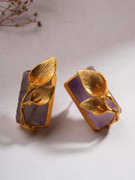 El Regalo Fancy Leaf Raw Stones Stud Brass Contemporary Earrings - Gold Plated Matte Finish Stone Studs for Girls and Women (Purpilish)
