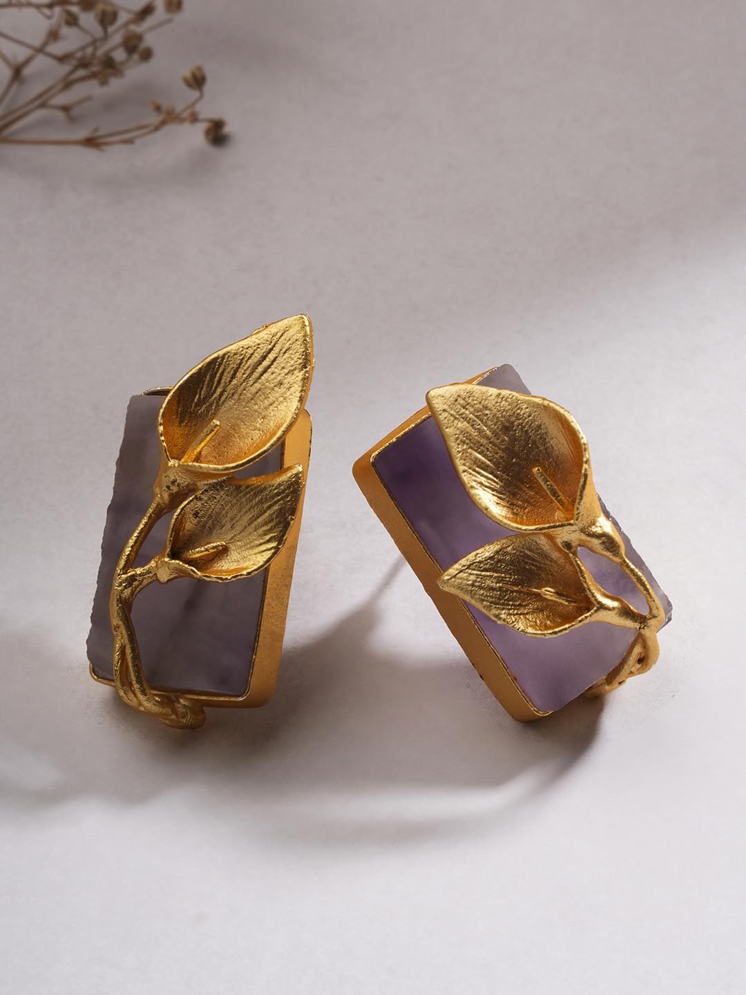 El Regalo Fancy Leaf Raw Stones Stud Brass Contemporary Earrings - Gold Plated Matte Finish Stone Studs for Girls and Women (Purpilish)