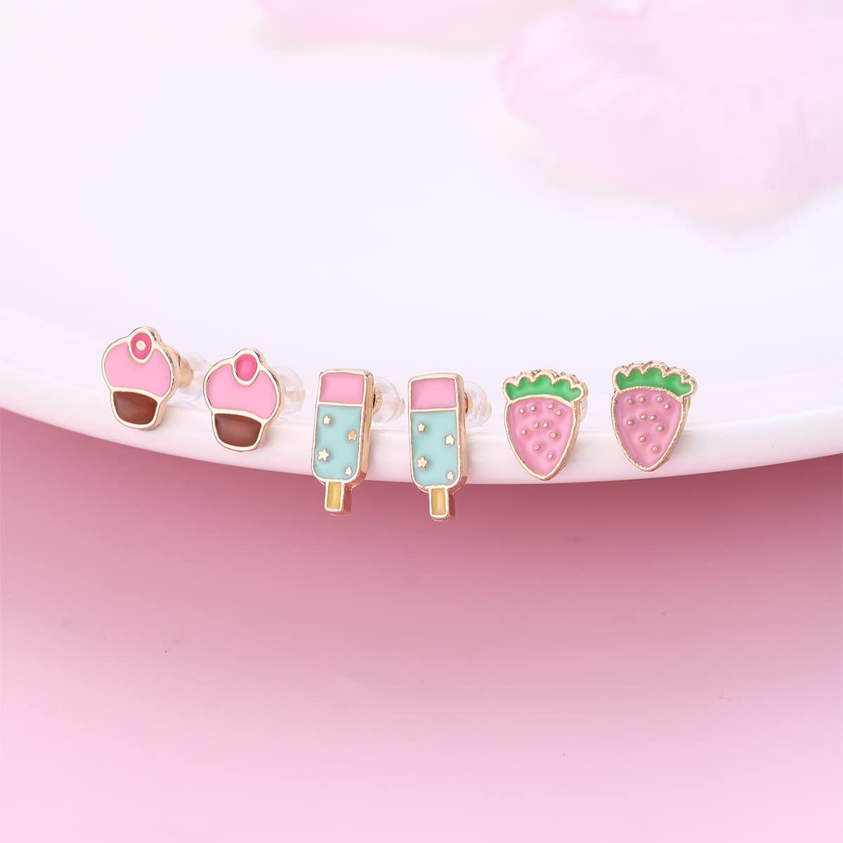 El Regalo 3 Pairs Hypoallergenic Earrings Set for Girls Teens Kids- Tiny Stud Earrings Set Heart Butterfly Rainbow Star Unicorn Straberry Ice Cream Cute Earring (Style-1)