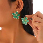 El Regalo Enameled Flower Stud Earrings for Women- Trendy Statement Big Flower Earrings (Green)
