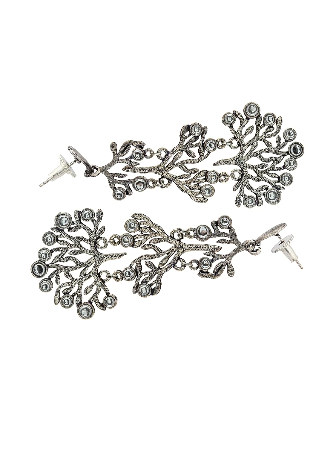 El Regalo Long "Tree of Life" Oxidized Silver Plated Stones Earrings - Ethnic Wedding Tassel Earring for Girls & Women
