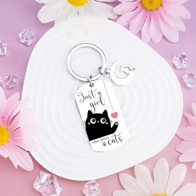 El Regalo Cute Black Cat Keychain - Just A Girl Who Loves Cats Gifts for Cat Lovers, Women, Teens, Girls - Cute Cat Accessories, Stocking Stuffers, Kawaii Keychain for Cat Owners