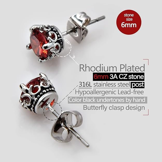 El Regalo Unisex Retro Vintage Garnet Red Stones Stud Earrings - Stainless Steel CZ Crown Earrings, Hypoallergenic 316L Stainless Steel, Red Crystal Earrings, Simulated Garnet, 6mm Studs