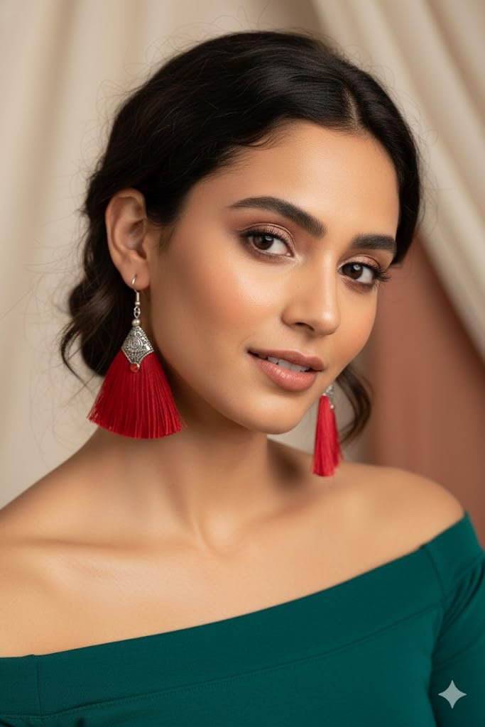 El Regalo Tribal Boho Tassel Earrings for Women & Girls | Oxidised Silver Finished Silk Thread Dangle & Drop Earrings | Handcrafted Bohemian Statement Jewellery for Ethnic, Western & Fusion Clothes (Red)