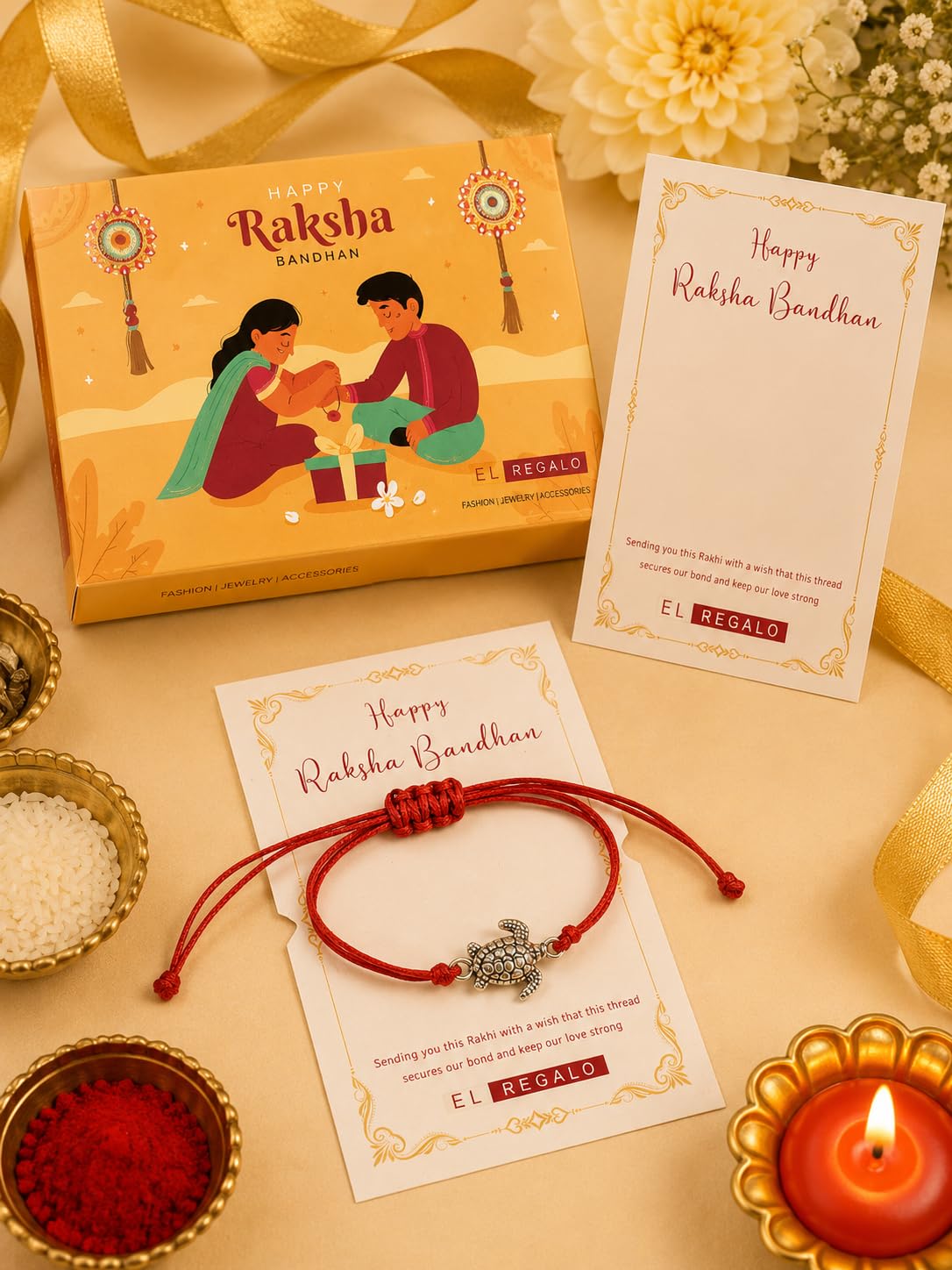 El Regalo Minimalist Lucky Turtle Adjustable Bracelet Rakhi for Brother- Red