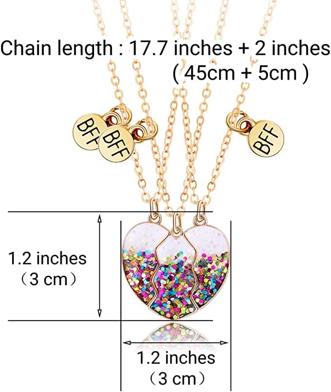 El Regalo 3 PCs BFF Best Friend Forever Split Heart Magnetic Matching Pendant Necklaces Set for Kids/Girls/Teens- Friendship Puzzle Necklaces Sets for Besties (Sparkly Off White Heart)