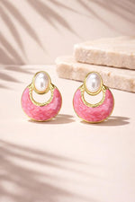 El Regalo Elegant Stainless Steel Pearl Stud Earrings for Women | 18K Gold Plated Vintage Oil Drip Enamel C-Hoop Studs | Anti-Tarnish Boho Western Jewellery (Pink)