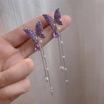 El Regalo Purple Butterfly CZ Pearl Tassel Earrings - Elegant Violet Gemstone Earrings with Delicate Design for Women
