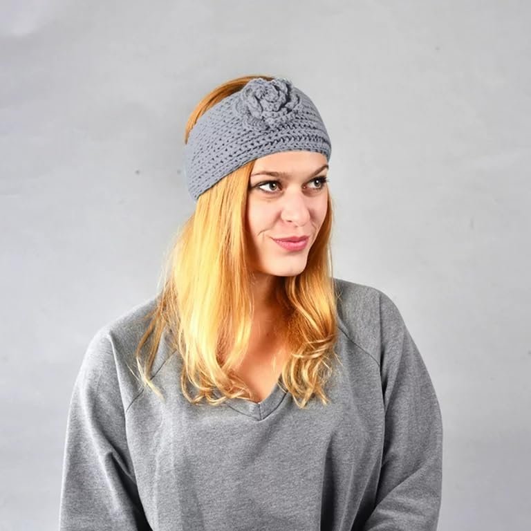 El Regalo's 1PC Winter Crochet Knitted Headwrap Headband with 3D flower & Button for Girls & Women- Ear Warmer Hair Muffs Band | Winter Designer Headbands for Teens & Women (Grey)