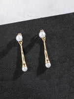 El Regalo 1 Pair Front Back Western Pearls Earrings- Elegant Pearl Drop Earring Temperamental Metal Long Sticks Dangle Earrings (Gold)