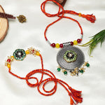 El Regalo Designer Bhaiya- Bhabhi Rakhi Luma/Lumba Set- Kundan, Pearls Rakhi with Roli Chawal in Gift Box- Luma Convertible into Necklace (Option-3)