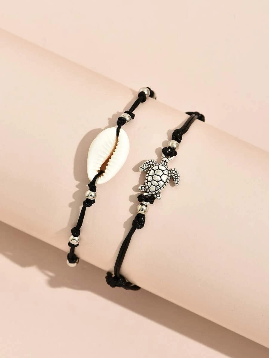 El Regalo 2 PCs Anklets for Women Girls - Adjustable Boho Turtle Cowrie Shell Ankle Bracelets Foot Jewelry Set