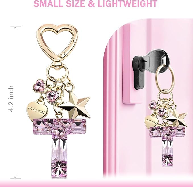 El Regalo Personalized Glitter Initial Letter Keychain for Girls & Women - Cute Pink Resin Alphabet Keyring with Heart & Star Charms - Fancy Luxury Bag Accessory & Birthday Gift (Letter T)