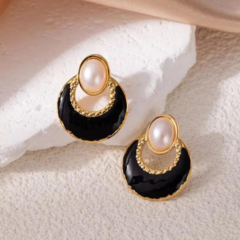 El Regalo Elegant Stainless Steel Pearl Stud Earrings for Women | 18K Gold Plated Vintage Oil Drip Enamel C-Hoop Studs | Anti-Tarnish Boho Western Jewellery (Black)
