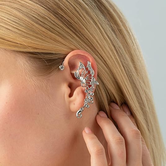 El Regalo 2PCS Butterfly Earrings Ear Cuffs Climber Wrap Around Earrings for Women/Girls- Fancy No Piercing Ear Clip Fairy Ear Jewelry (Silver)