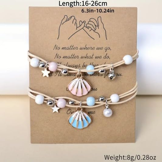 El Regalo 2PCs Shell Pearl & Star Fish Charms Bracelets Set for Girls & Women- Bright & Colorful Unique Handmade Beach Theme Bracelets Set (Option-3)