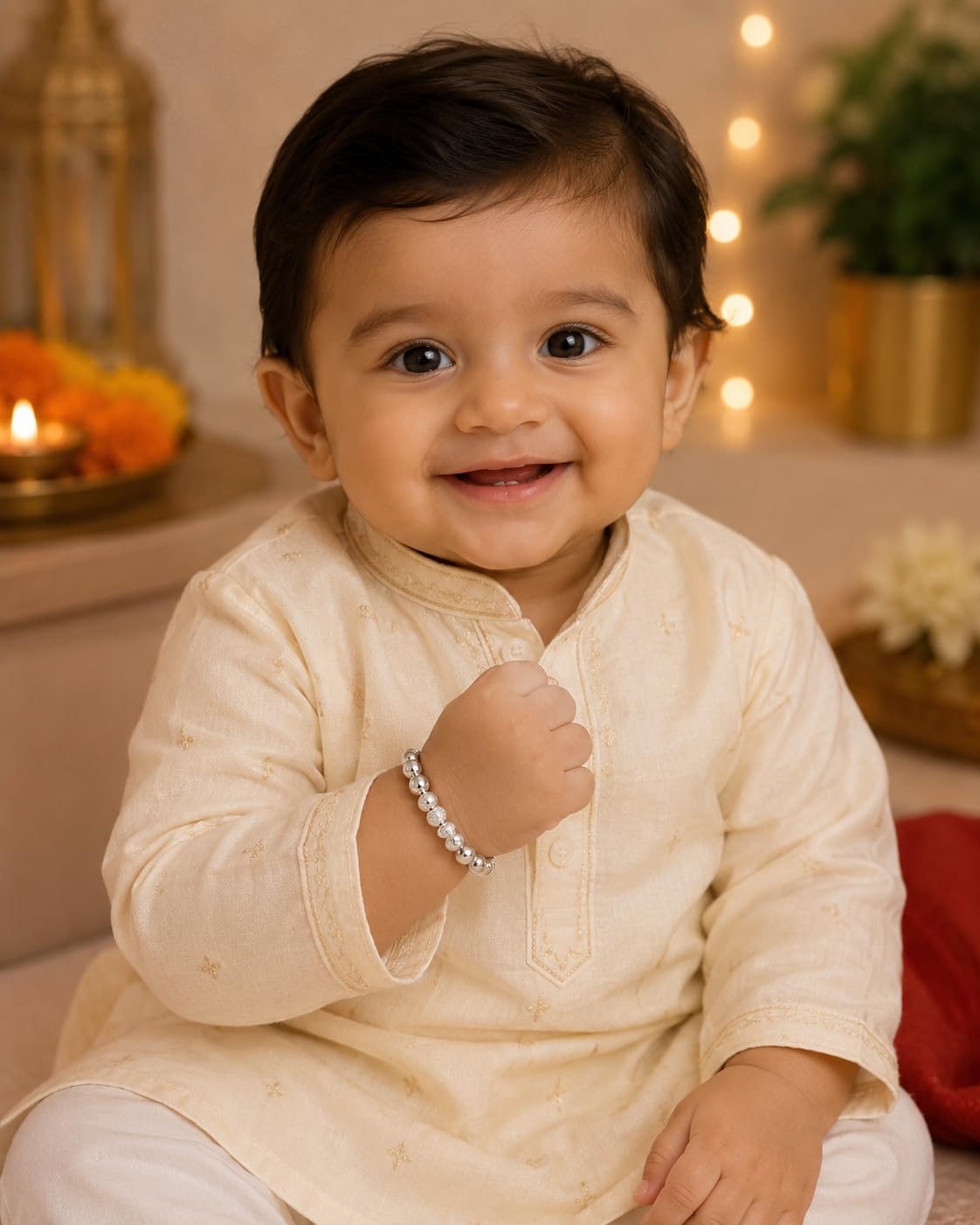 El Regalo Rakhi for Babies/Toddler/Baby Brother- 925 Silver Plated Bracelet Rakhi for Baby Brother with Roli Chanwal, Message Card in Rakshabandhan Box (Style-1)