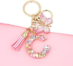 El Regalo Personalized Name Initials Butterfly Charm Keychain - Custom Letter Keyring with Pink Tassel & Butterfly Pendant, Purse, Bag, Backpack Accessory (C Letter)