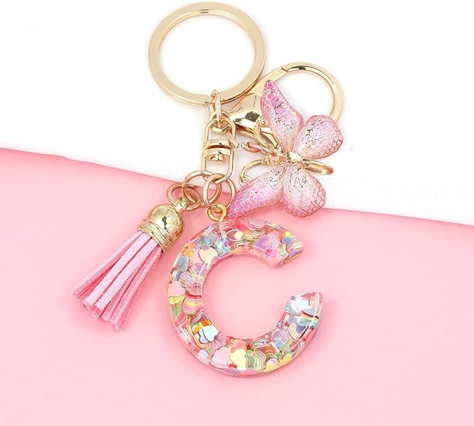 El Regalo Personalized Name Initials Butterfly Charm Keychain - Custom Letter Keyring with Pink Tassel & Butterfly Pendant, Purse, Bag, Backpack Accessory (C Letter)