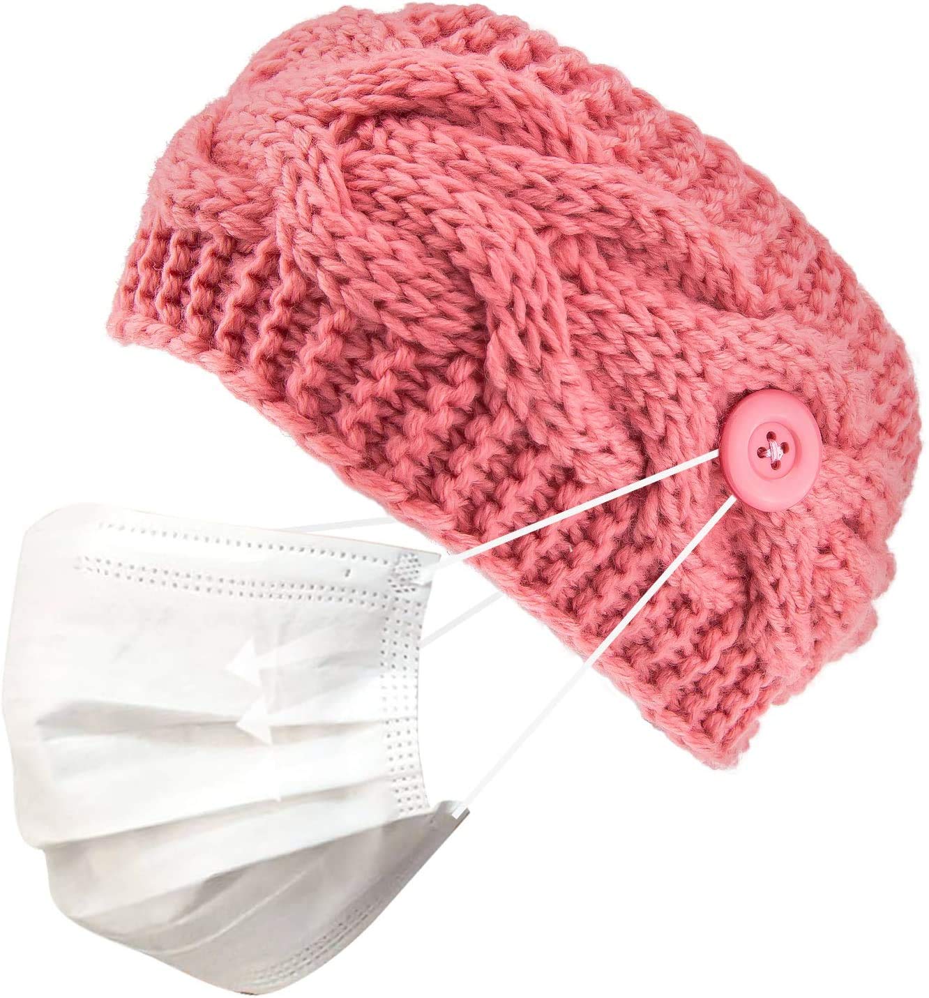 El Regalo 2 PCs Knitted Winter Woolen Warm Headband with Buttons for Face Mask Cover | Cold Weather Hair Accessories Head Wrap | Winter Headbands for Women & Men (Pack of 2) (Red & Pink)