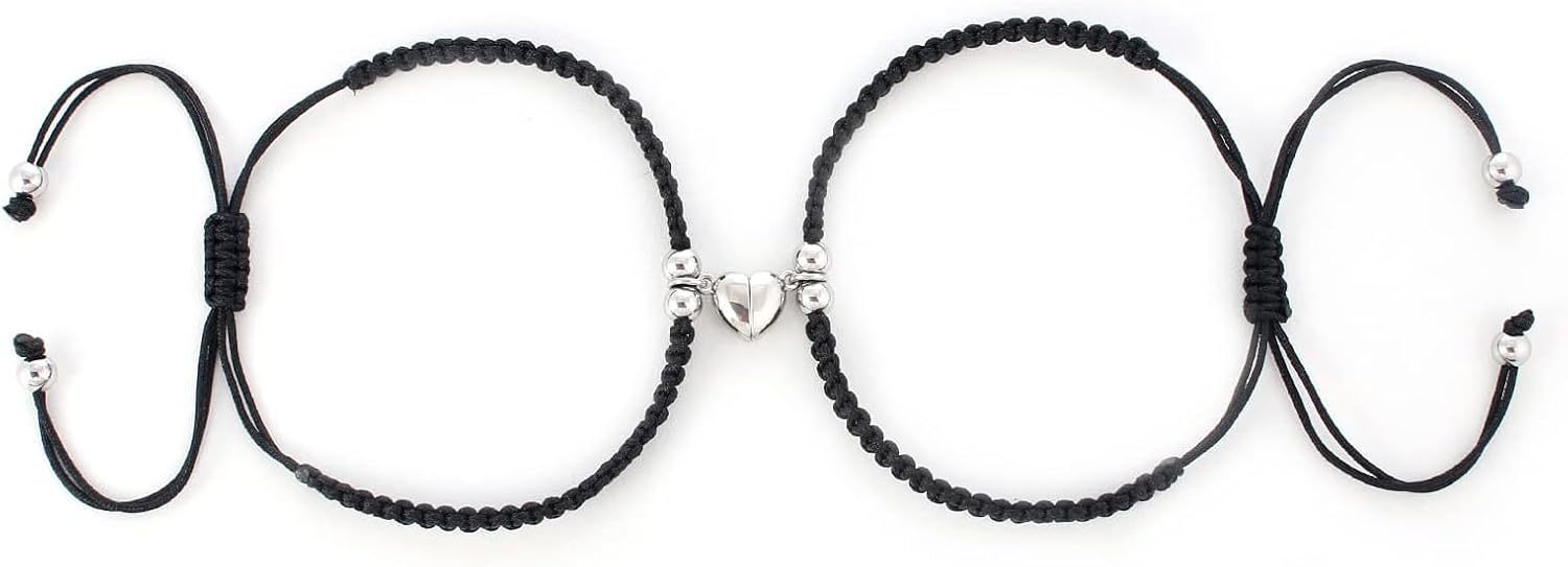 El Regalo Unisex-Adult 2PCs BFF Best Friend Magnetic Heart Couple Bracelet Set for Couples/Best Friends/Besties/Lovers (Both Black Heart)
