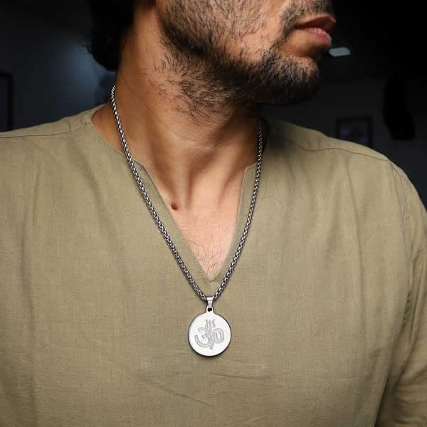 El Regalo AUM OM Pendant Necklace for Men/Boys: Stainless Steel OM Mahadev Damroo Pendant Necklace for Man/Boys (Silver OM)