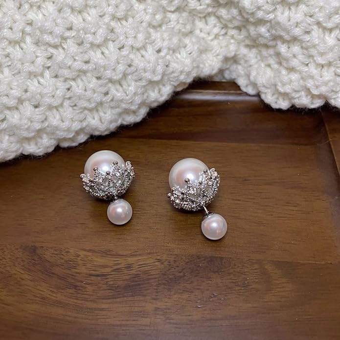 El Regalo Beautiful Double Sided Pearl Earrings for Women - Elegant Crown Rhinestone Front Back Studs | Korean Style Moti Earrings (Silver White)