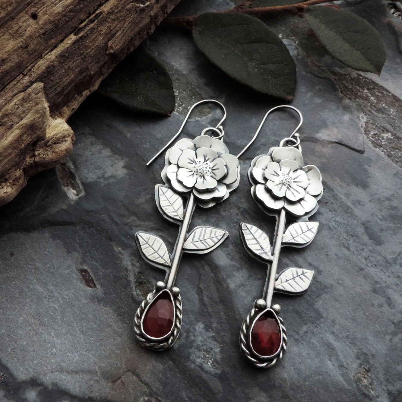 El Regalo Vintage Rose Red Crystal Silver Earrings- Trendy Vintage Bohemian Ethnic Flower Drop Statement Earrings for Women/Girls