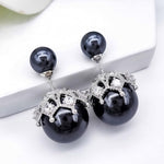 El Regalo Beautiful Double Sided Pearl Earrings for Women - Elegant Crown Rhinestone Front Back Studs | Korean Style Moti Earrings (Black Silver)