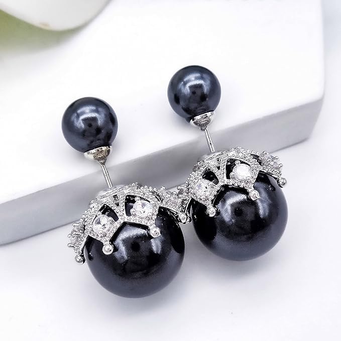 El Regalo Beautiful Double Sided Pearl Earrings for Women - Elegant Crown Rhinestone Front Back Studs | Korean Style Moti Earrings (Black Silver)