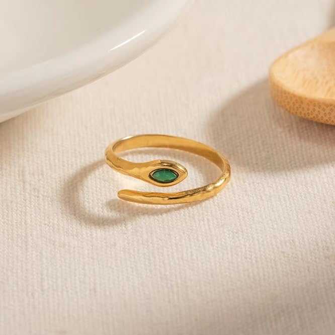 El Regalo Luxury Stainless Steel Snake Finger Ring- Waterproof Adjustable Snake Rings for girls & Women (Green Eye)