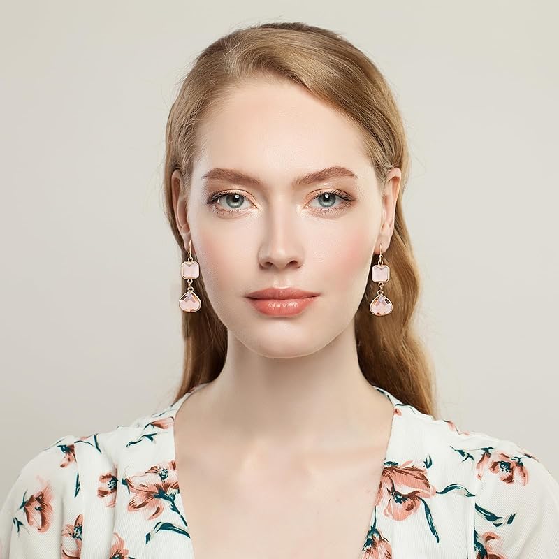 El Regalo Simulated Navy Blue Sapphire & Champagne Topaz Crystal Earrings- Hypoallergenic Dangle Drops Crystal Earrings for Girls & Women (Peachy Pink)