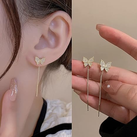 El Regalo CZ Butterfly Threader Chain Earrings for Women, Teen Girls- Butterfly Dangling Earrings- Rhinestone Butterfly Long Tassel Threader Dangle Earrings (Gold)