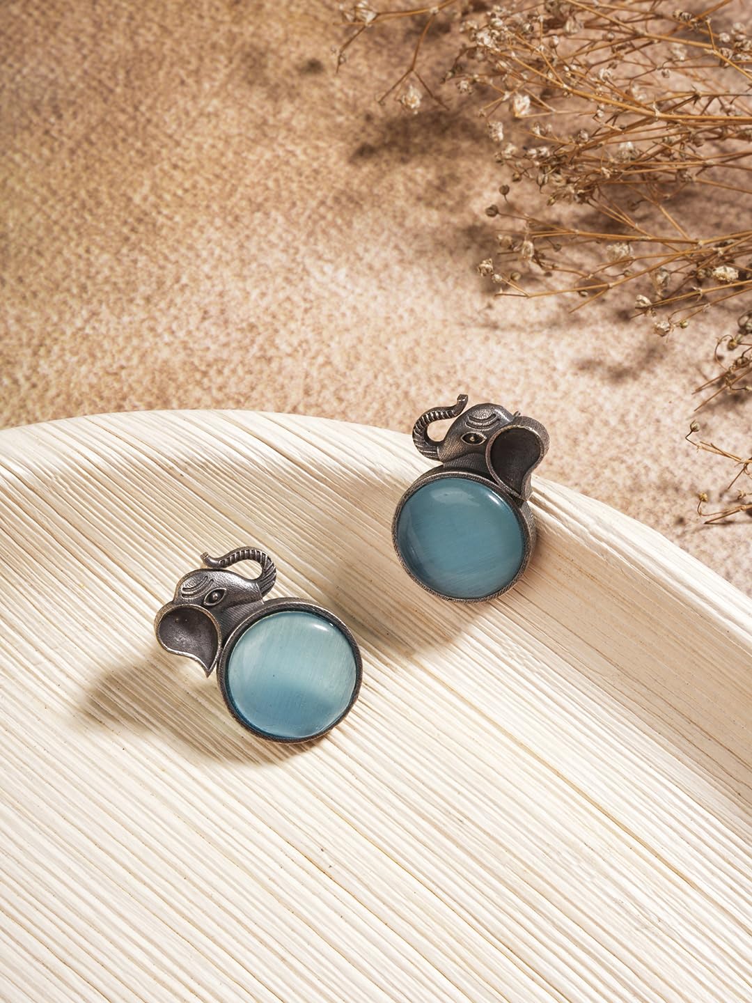 El Regalo 1Pair Oxidized German Silver Ganesha Elephant Stone Stud Earrings- Handcrafted Unique Earrings with Color Stone Options (Light Blue)